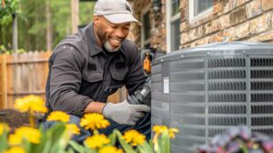 A homeowner checks an HVAC filter while a hygrometer sits on a nearby table.